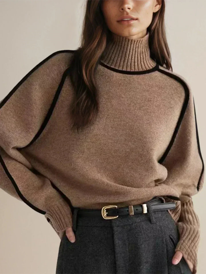 Ladies Knitted Turtleneck Sweater with Raglan Sleeves and Trim