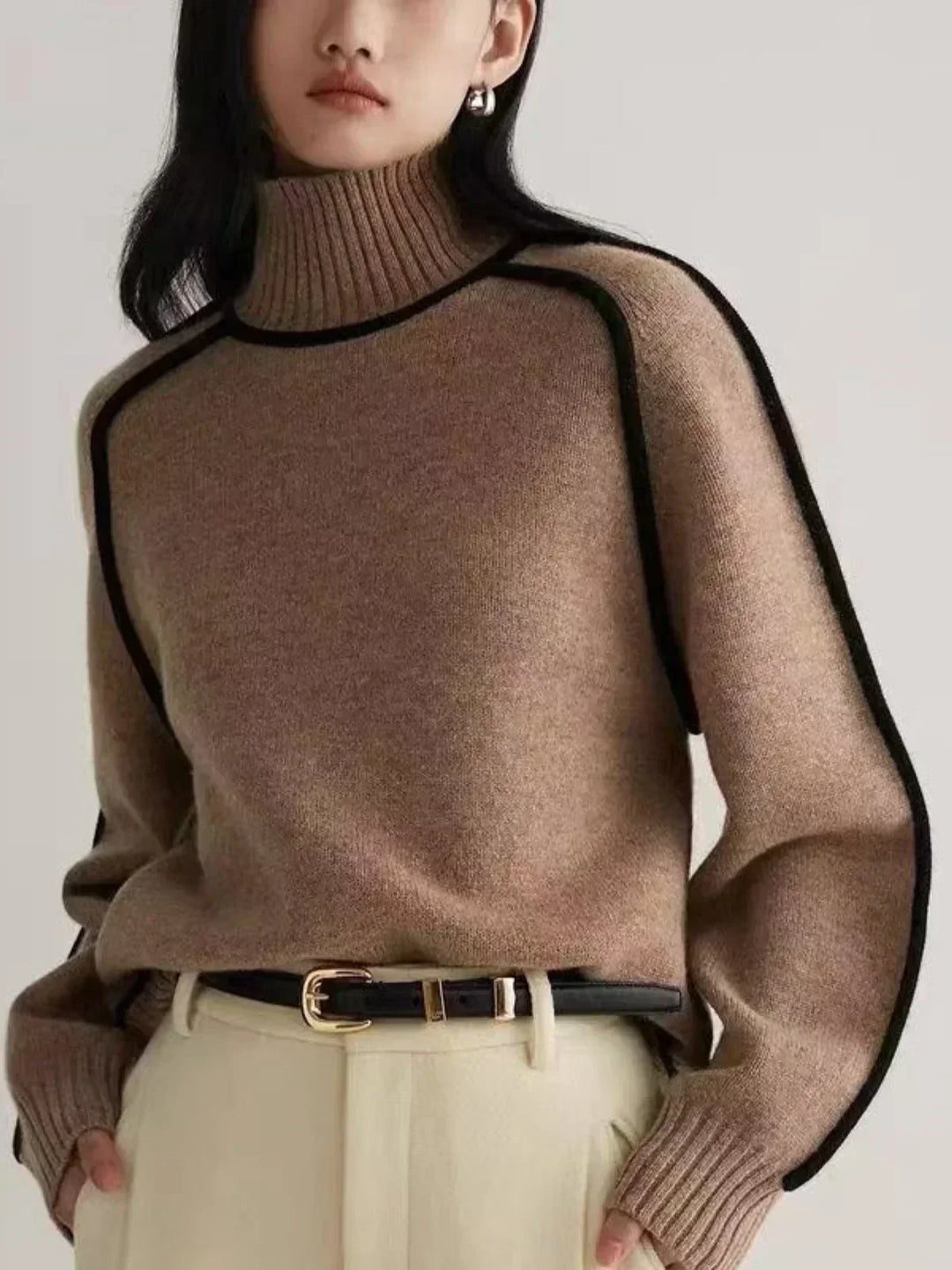 Ladies Knitted Turtleneck Sweater with Raglan Sleeves and Trim