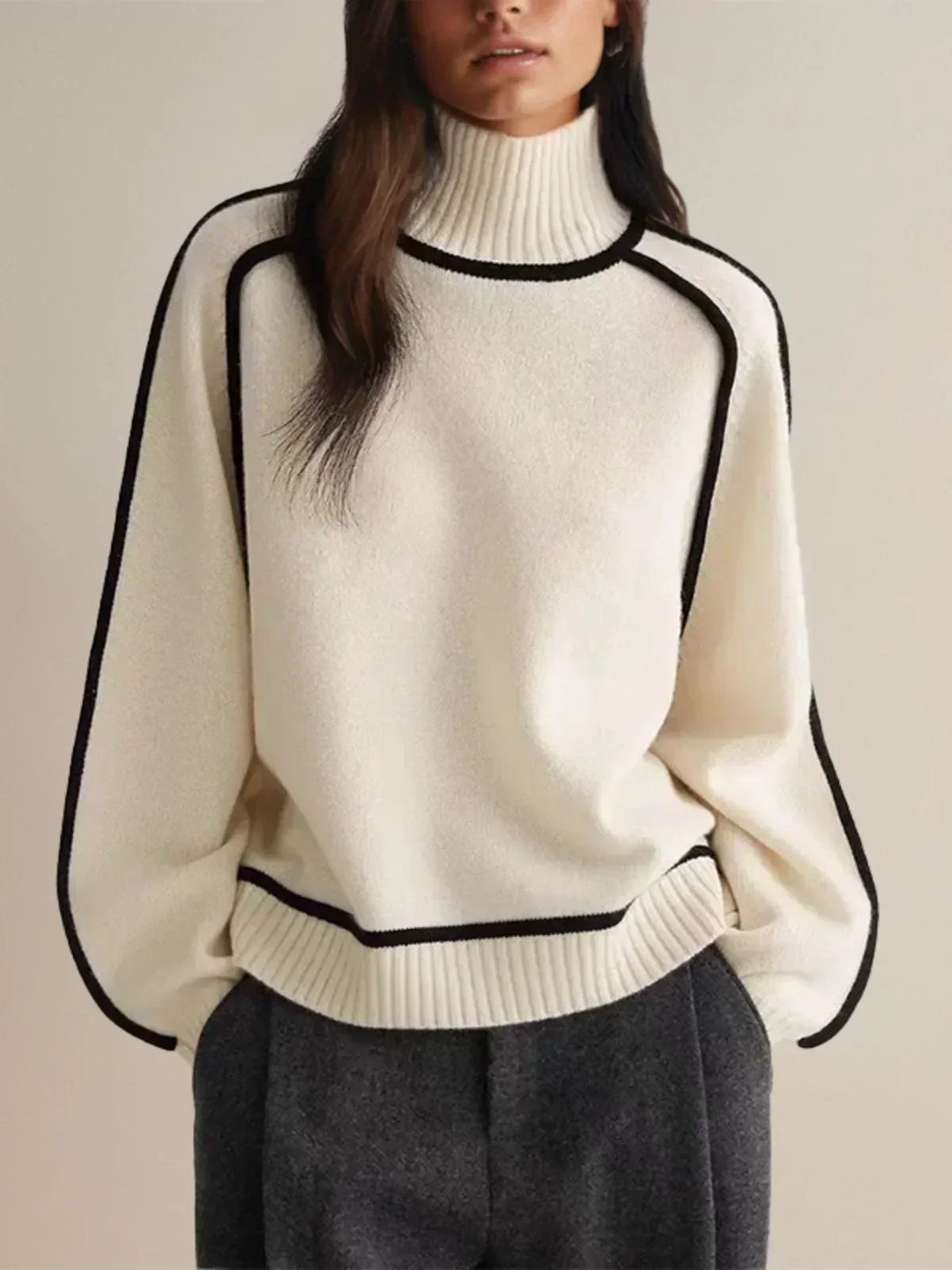 Ladies Knitted Turtleneck Sweater with Raglan Sleeves and Trim