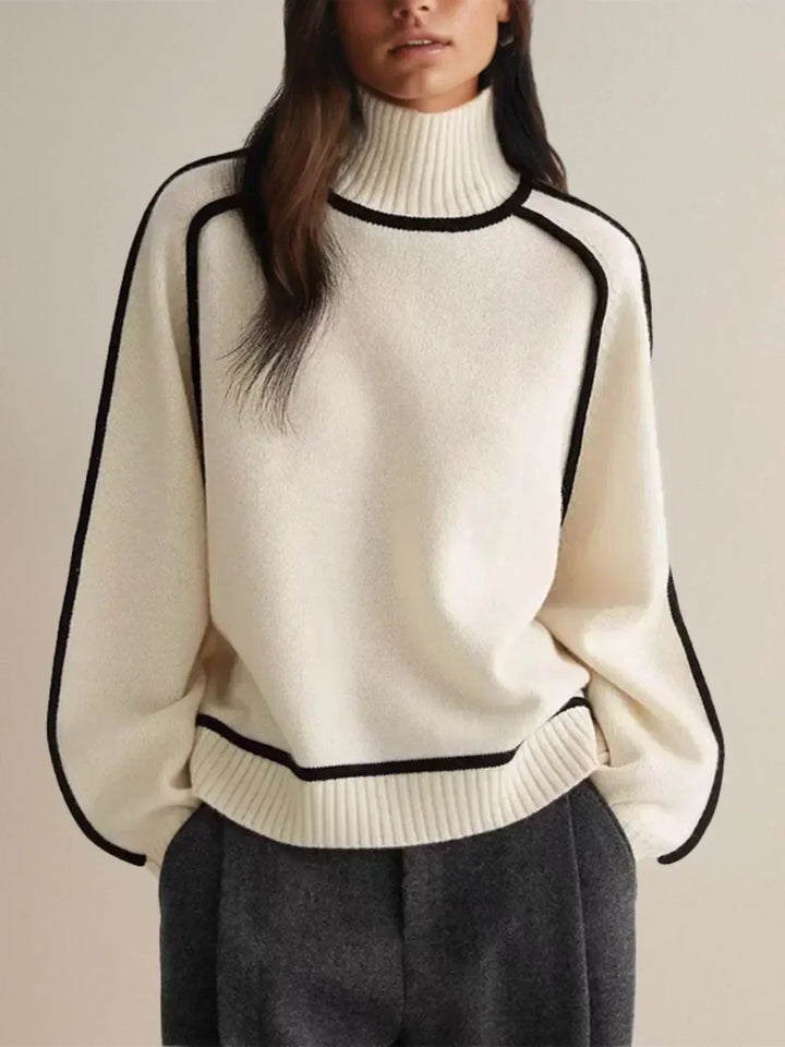 Ladies Knitted Turtleneck Sweater with Raglan Sleeves and Trim