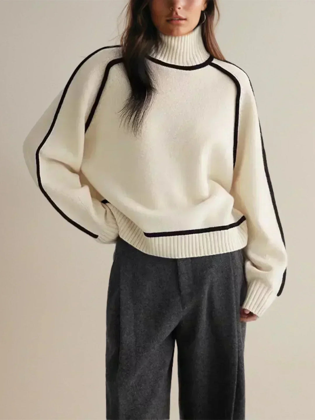 Ladies Knitted Turtleneck Sweater with Raglan Sleeves and Trim
