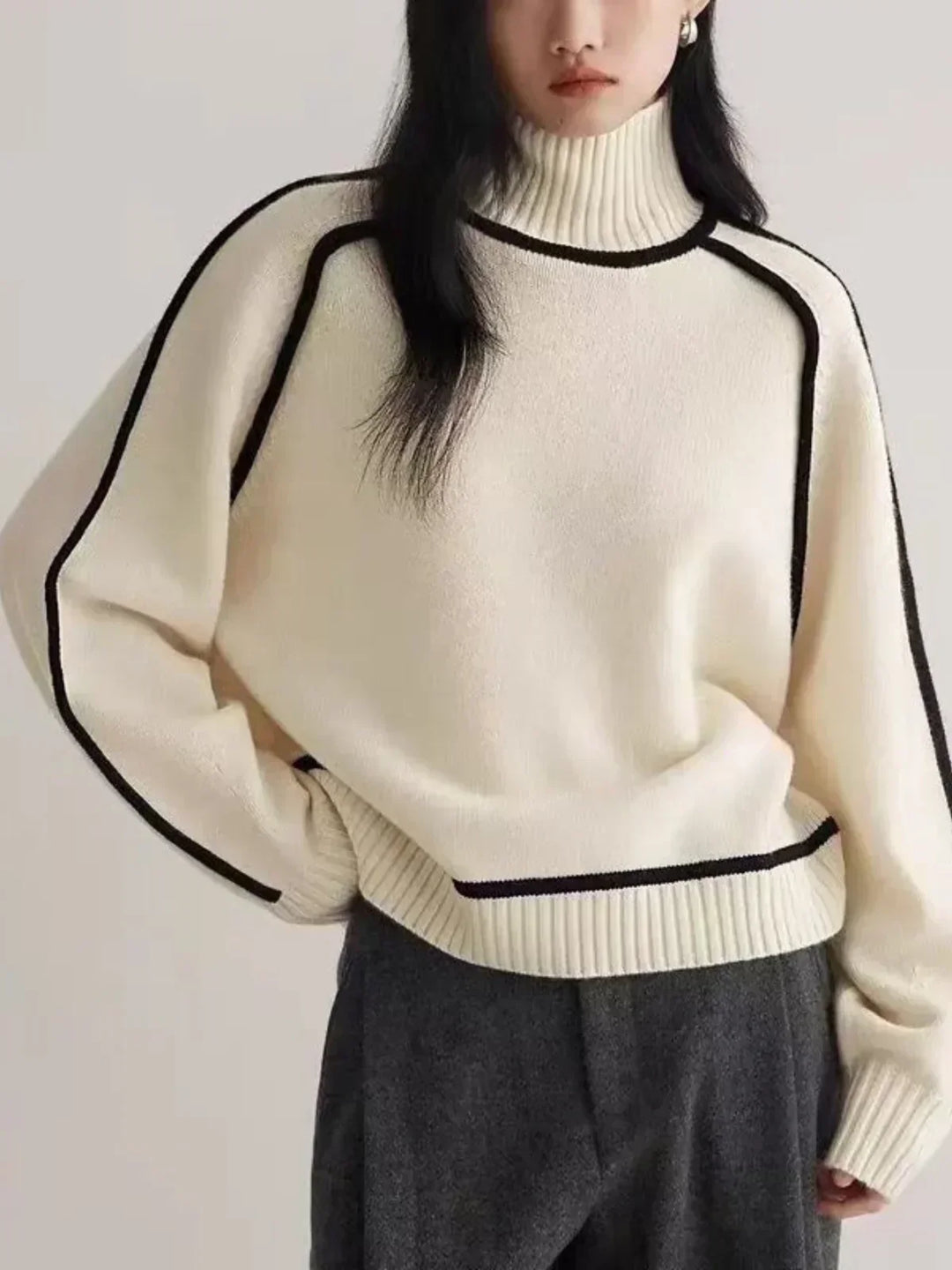 Ladies Knitted Turtleneck Sweater with Raglan Sleeves and Trim