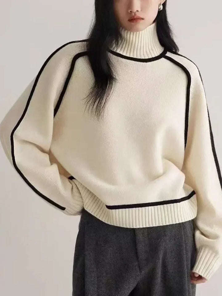 Ladies Knitted Turtleneck Sweater with Raglan Sleeves and Trim