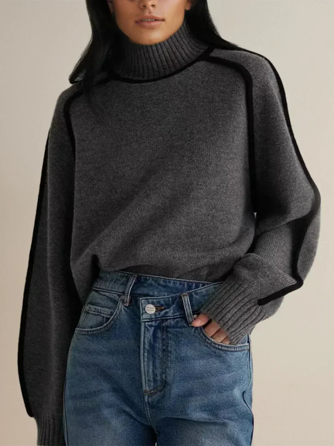 Ladies Knitted Turtleneck Sweater with Raglan Sleeves and Trim