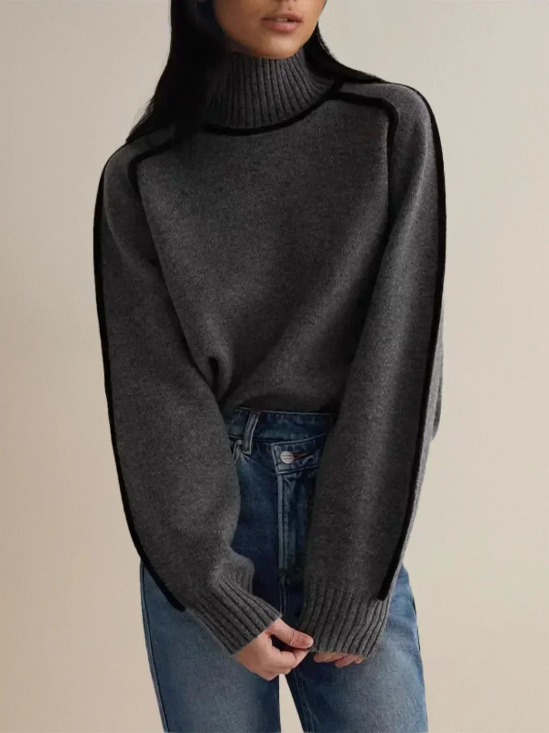 Ladies Knitted Turtleneck Sweater with Raglan Sleeves and Trim