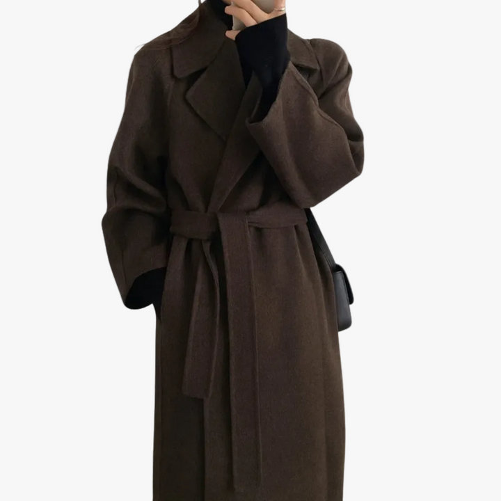 Ladies Long Blend Coat with Notched Lapels and Self-Tie Belt
