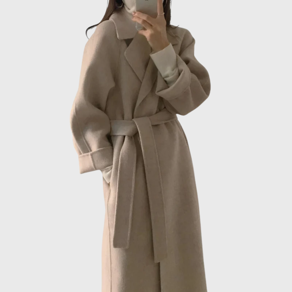 Ladies Long Blend Coat with Notched Lapels and Self-Tie Belt