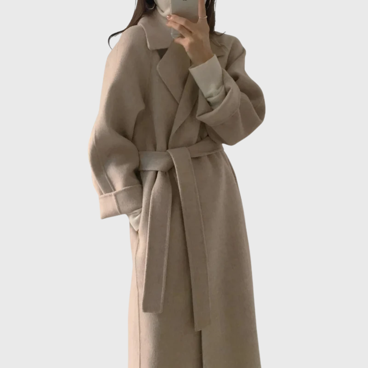 Ladies Long Blend Coat with Notched Lapels and Self-Tie Belt
