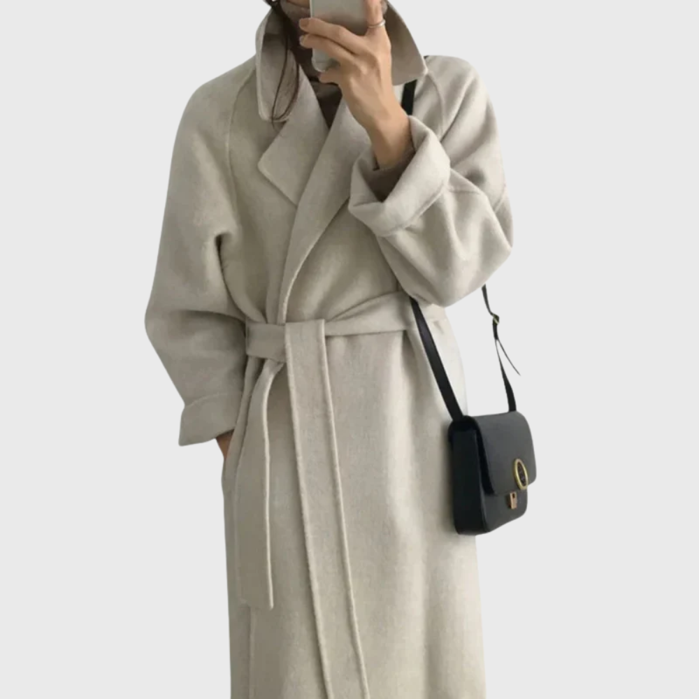 Ladies Long Blend Coat with Notched Lapels and Self-Tie Belt