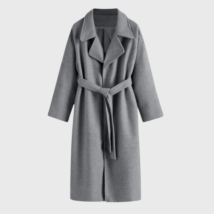 Ladies Long Blend Coat with Notched Lapels and Self-Tie Belt