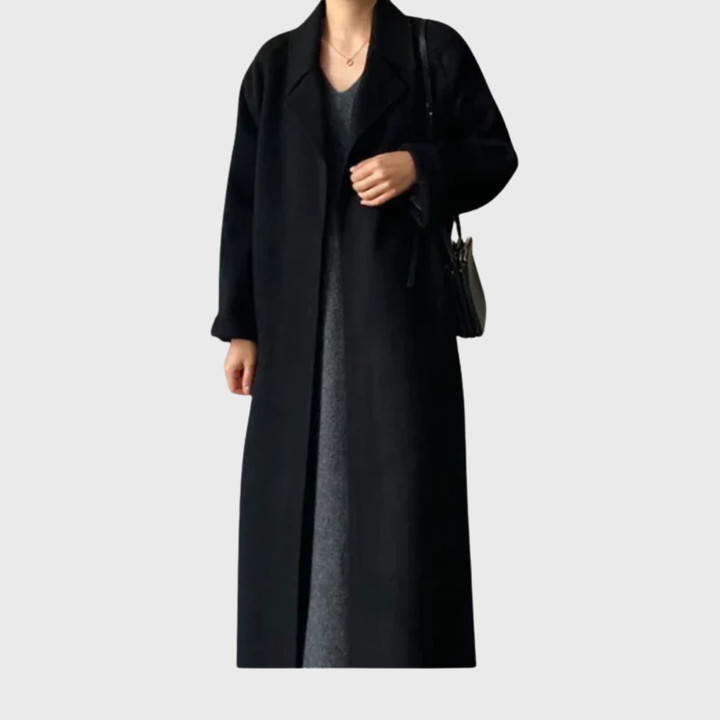 Ladies Long Blend Coat with Notched Lapels and Self-Tie Belt