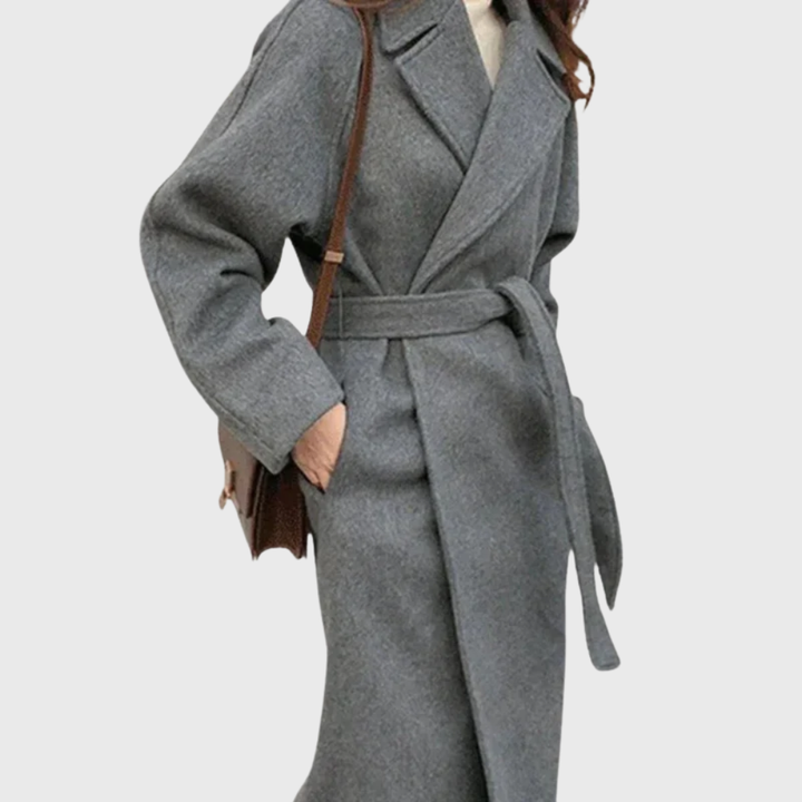 Ladies Long Blend Coat with Notched Lapels and Self-Tie Belt