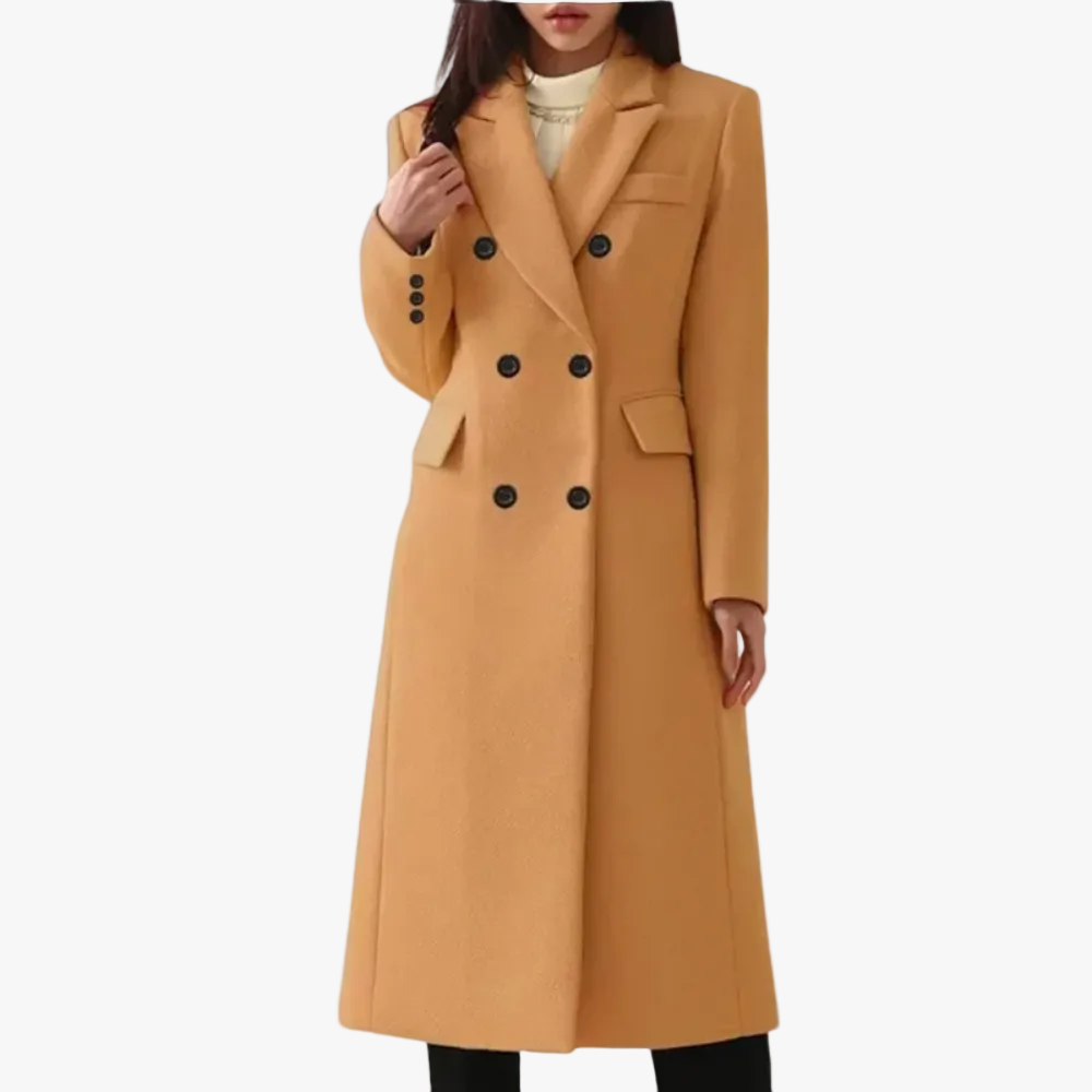 Ladies Long Overcoat in Mixed Material with Pleated Lapels and Double-Breasted Closure