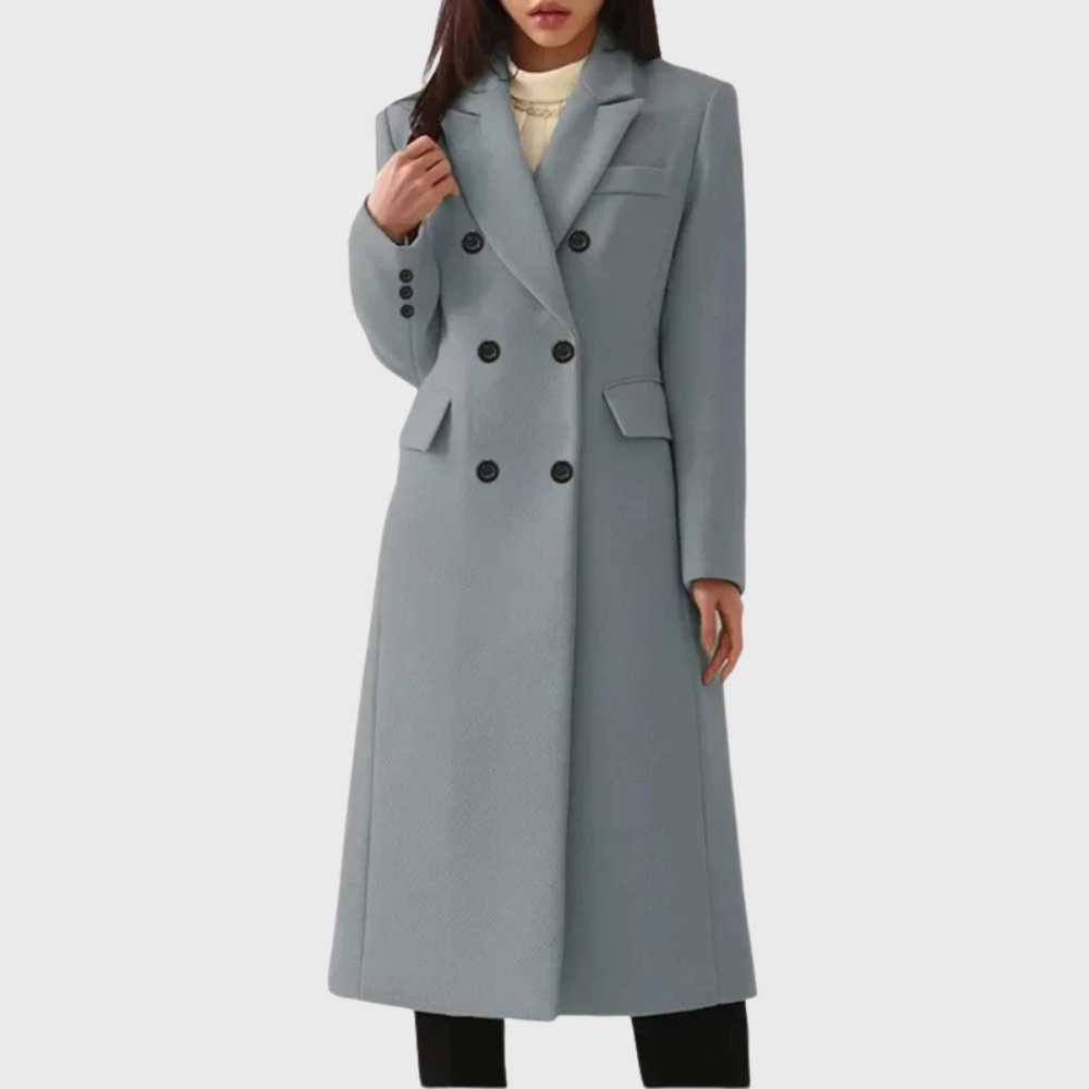 Ladies Long Overcoat in Mixed Material with Pleated Lapels and Double-Breasted Closure