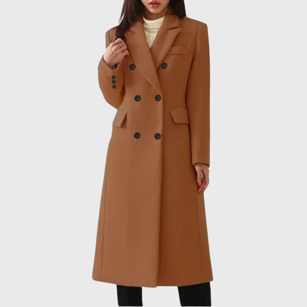 Ladies Long Overcoat in Mixed Material with Pleated Lapels and Double-Breasted Closure