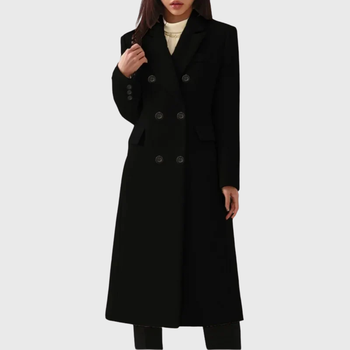 Ladies Long Overcoat in Mixed Material with Pleated Lapels and Double-Breasted Closure