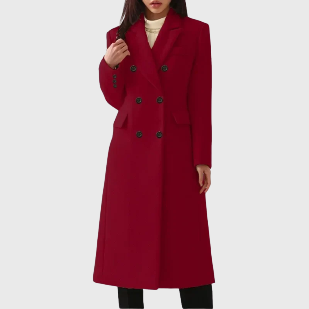 Ladies Long Overcoat in Mixed Material with Pleated Lapels and Double-Breasted Closure