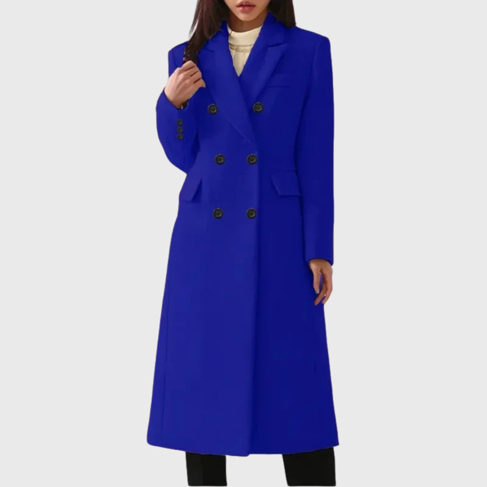 Ladies Long Overcoat in Mixed Material with Pleated Lapels and Double-Breasted Closure