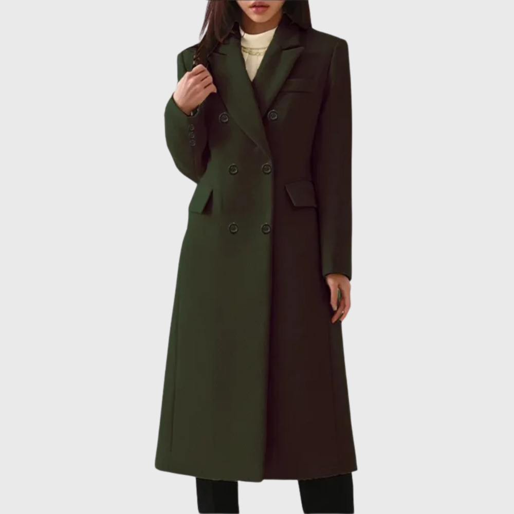 Ladies Long Overcoat in Mixed Material with Pleated Lapels and Double-Breasted Closure