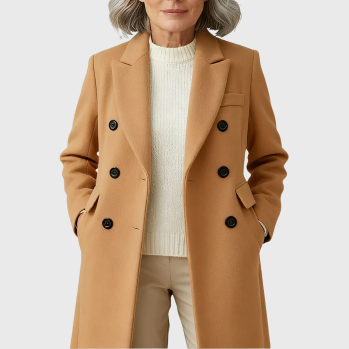 Ladies Long Overcoat in Mixed Material with Pleated Lapels and Double-Breasted Closure