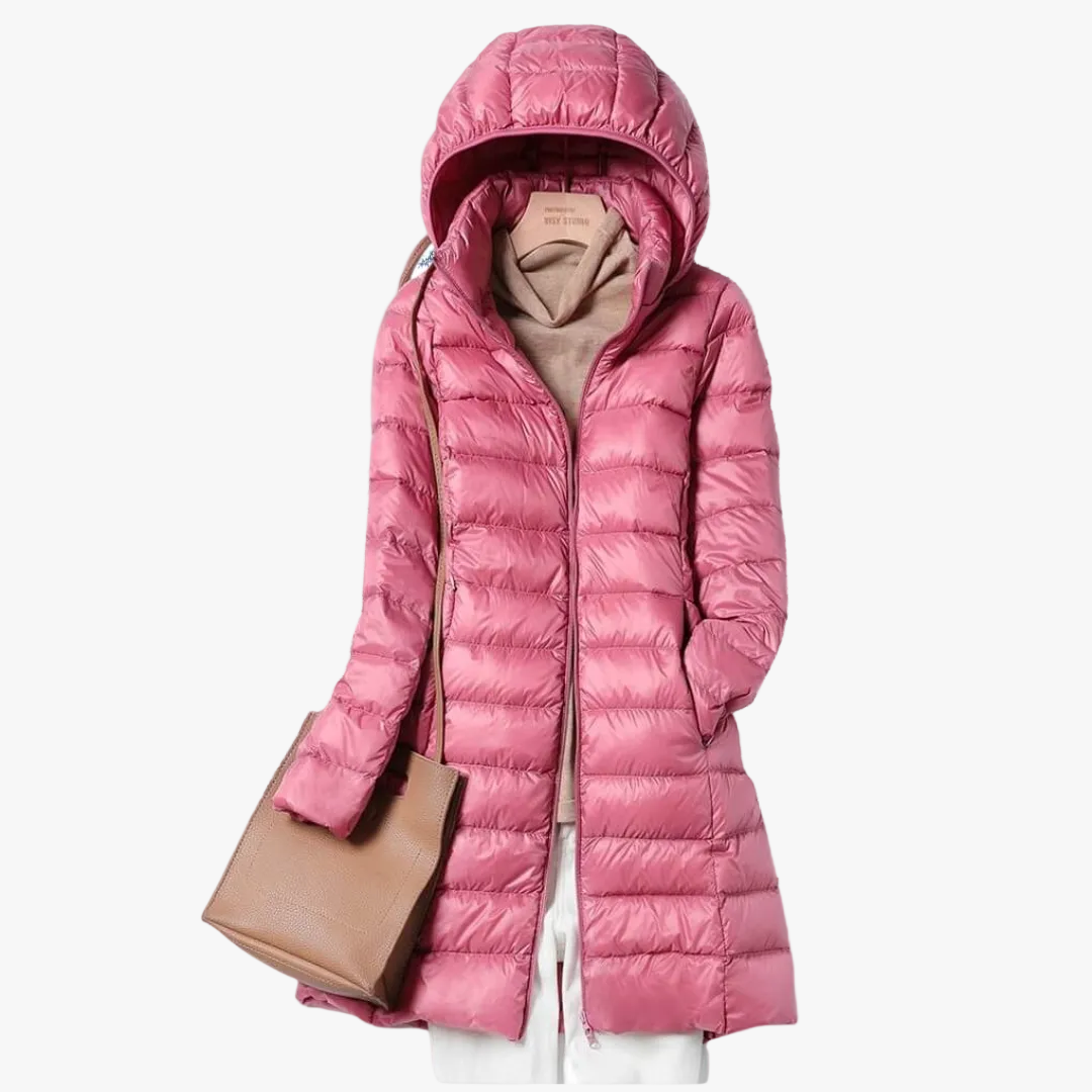 Women's Longline Nylon Puffer Jacket with Hood and Front Zipper