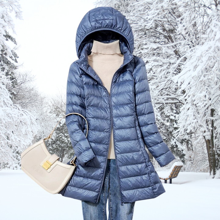 Women's Longline Nylon Puffer Jacket with Hood and Front Zipper