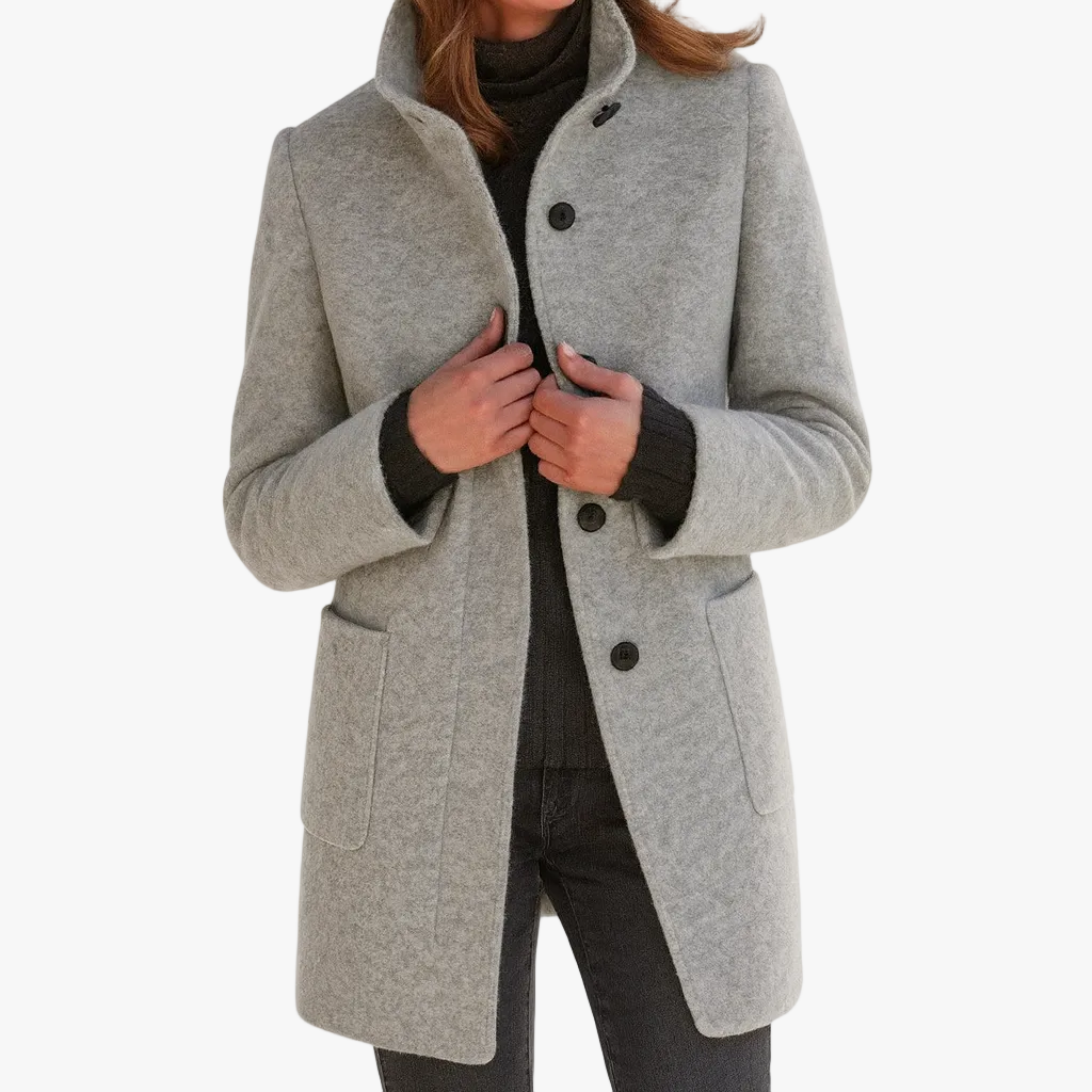 Women's Mid-Length Blend Coat with Stand-Up Collar and Piped Pockets