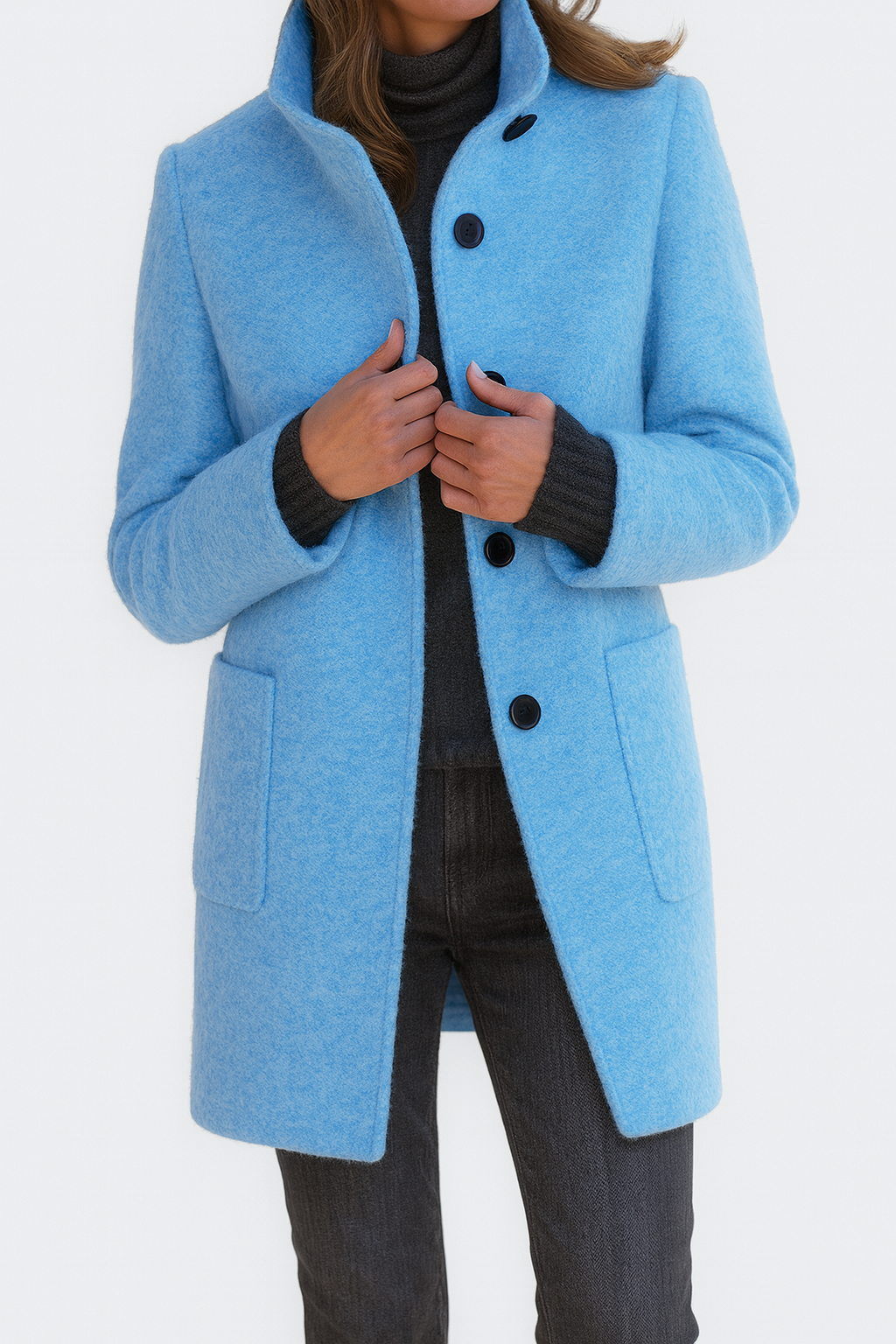 Women's Mid-Length Blend Coat with Stand-Up Collar and Piped Pockets