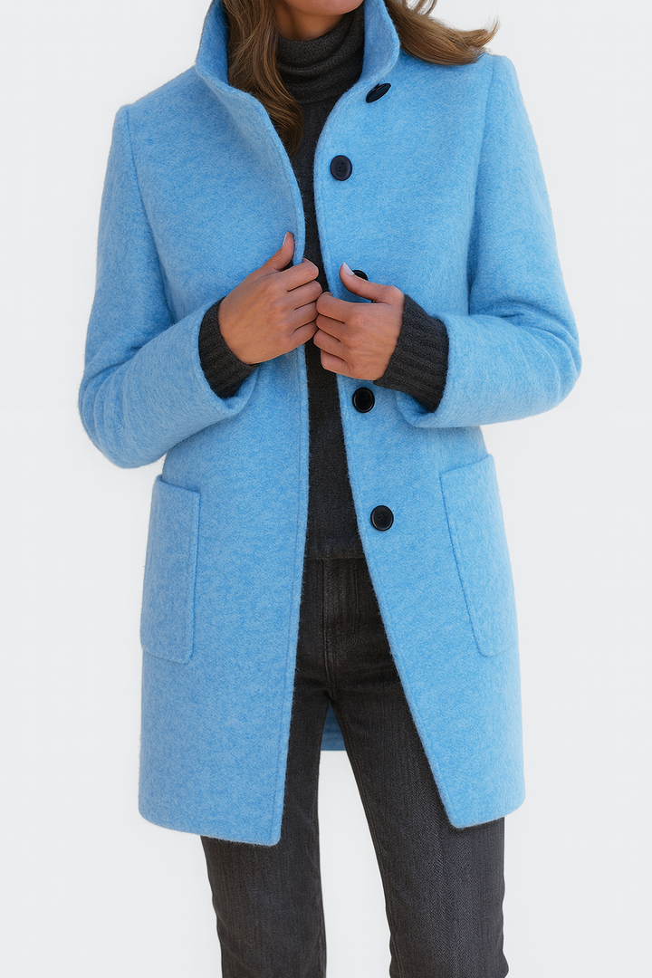 Women's Mid-Length Blend Coat with Stand-Up Collar and Piped Pockets