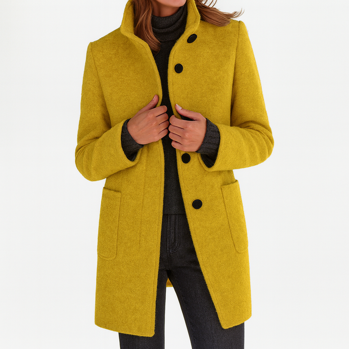 Women's Mid-Length Blend Coat with Stand-Up Collar and Piped Pockets