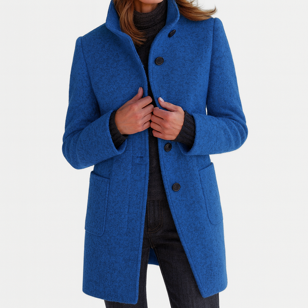 Women's Mid-Length Blend Coat with Stand-Up Collar and Piped Pockets