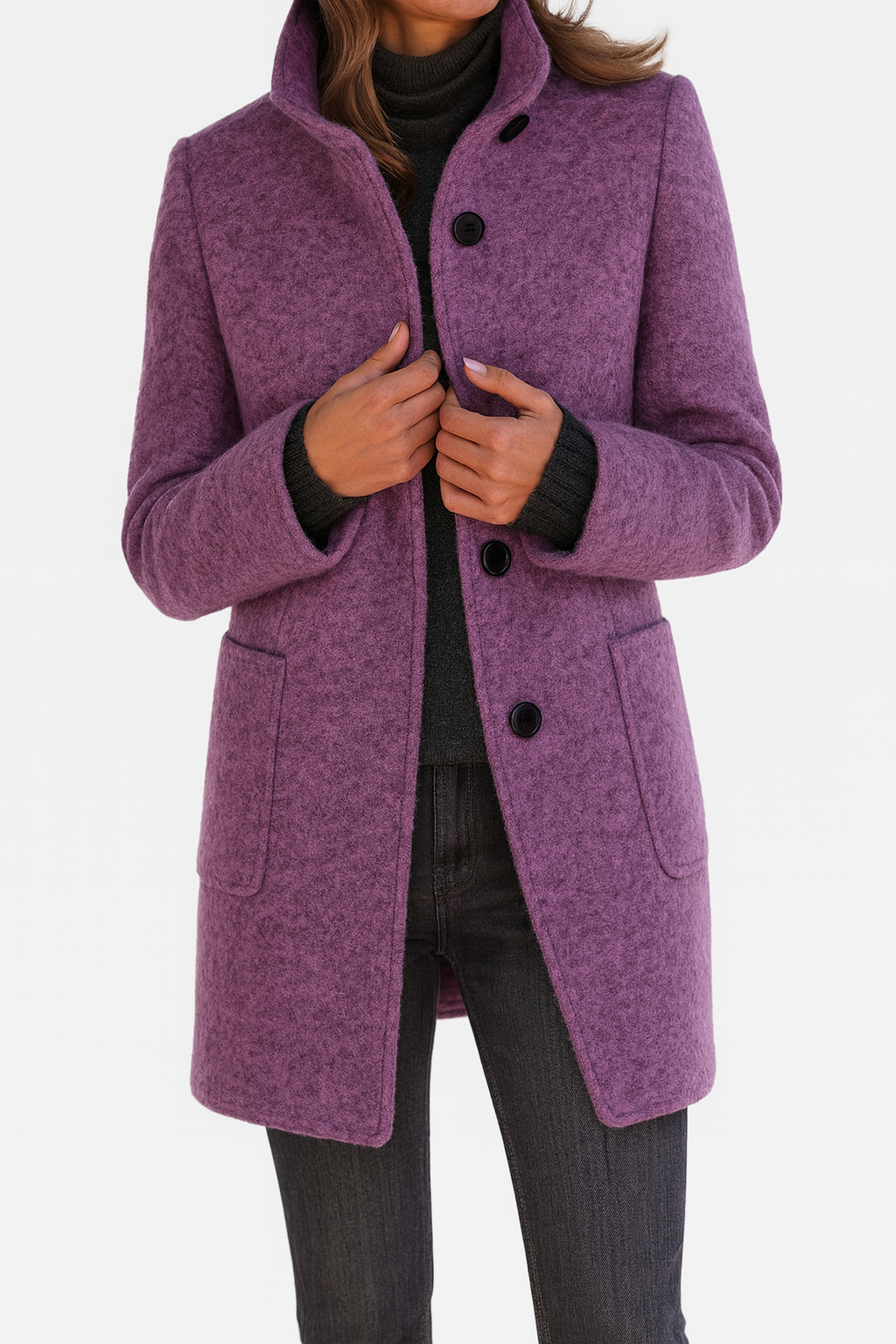 Women's Mid-Length Blend Coat with Stand-Up Collar and Piped Pockets