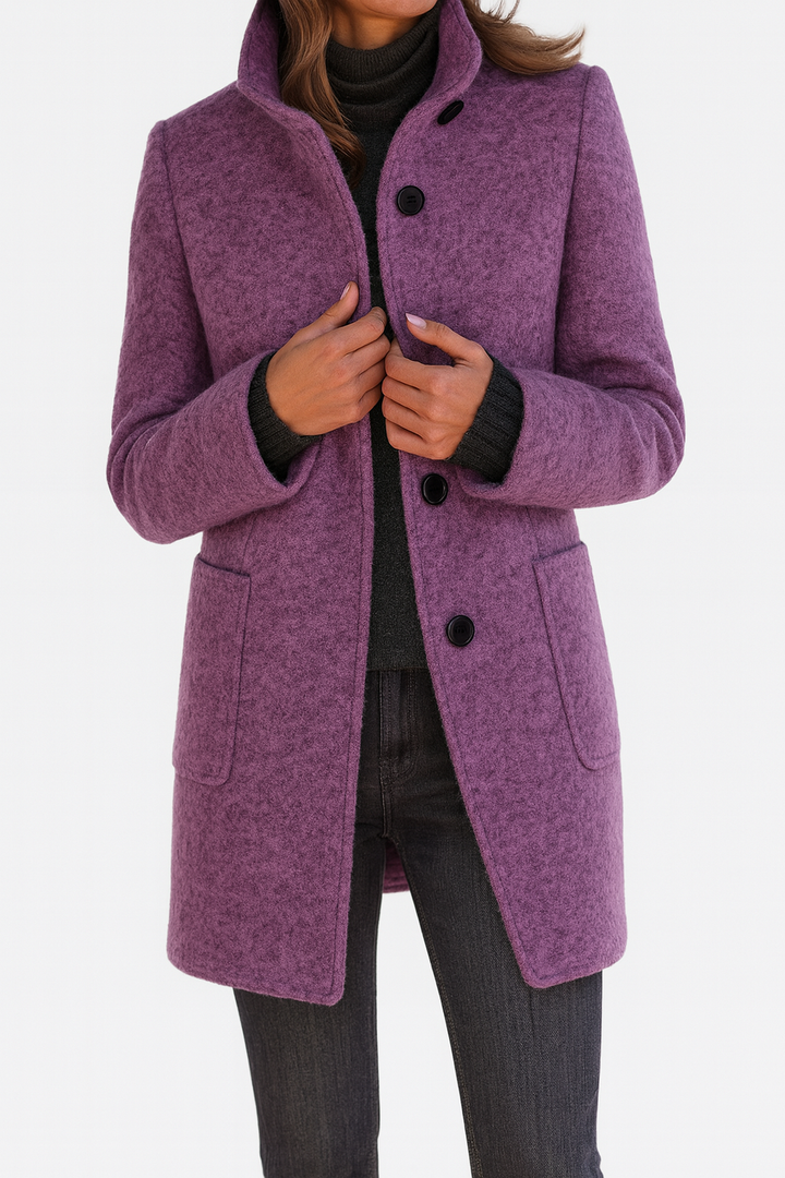 Women's Mid-Length Blend Coat with Stand-Up Collar and Piped Pockets