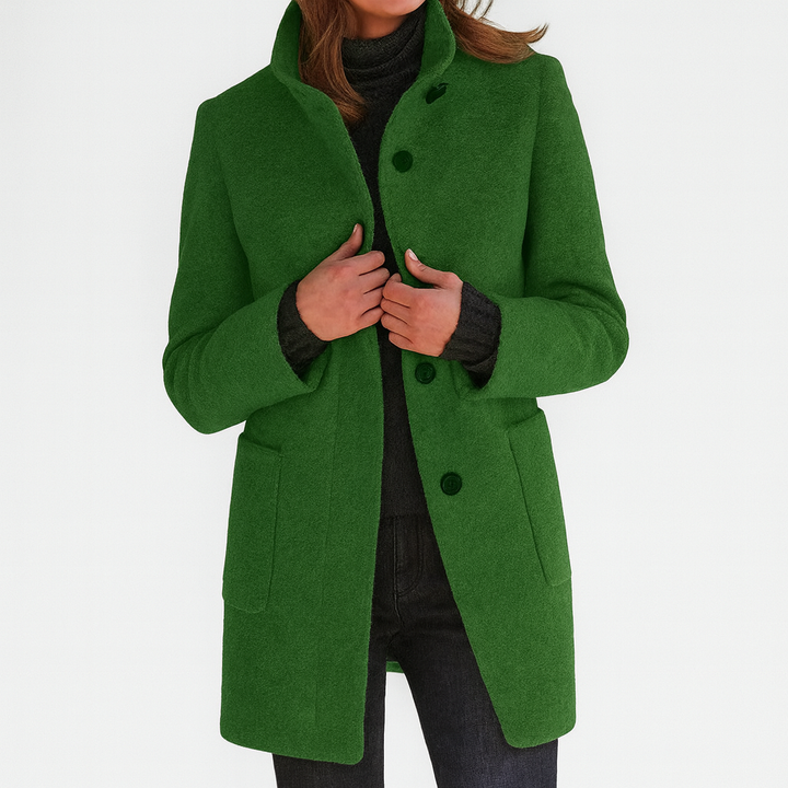 Women's Mid-Length Blend Coat with Stand-Up Collar and Piped Pockets