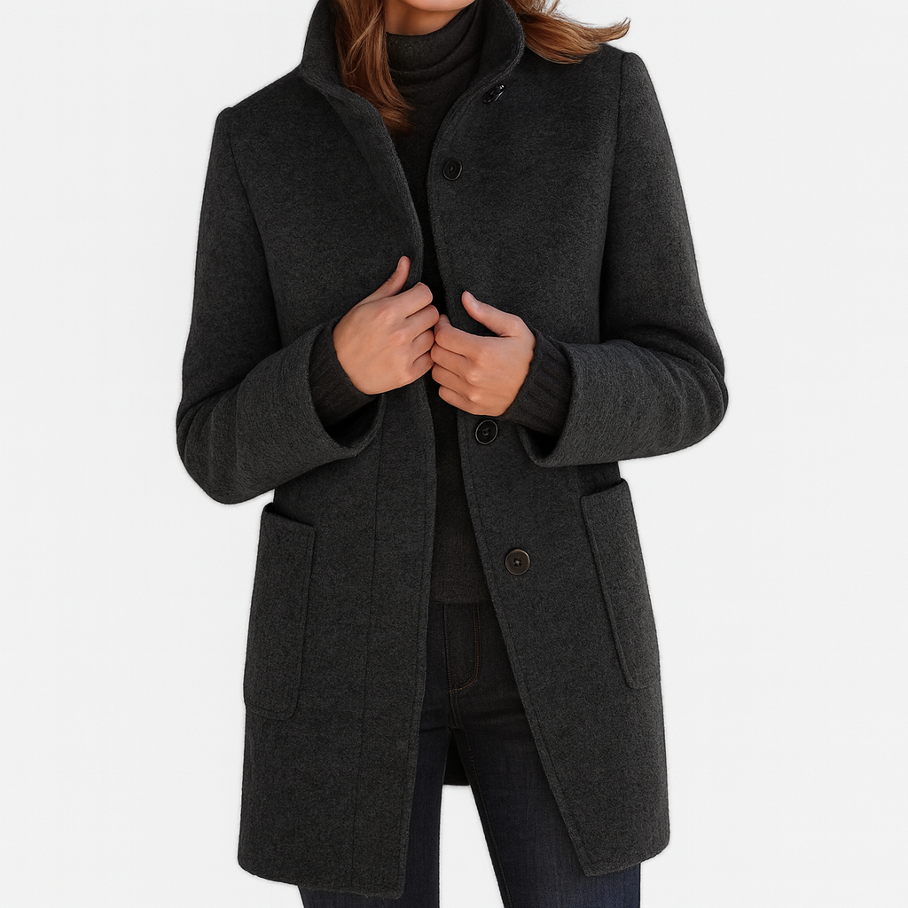Women's Mid-Length Blend Coat with Stand-Up Collar and Piped Pockets