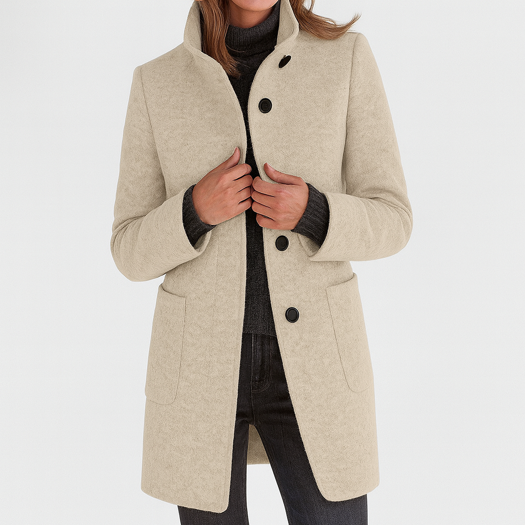 Women's Mid-Length Blend Coat with Stand-Up Collar and Piped Pockets