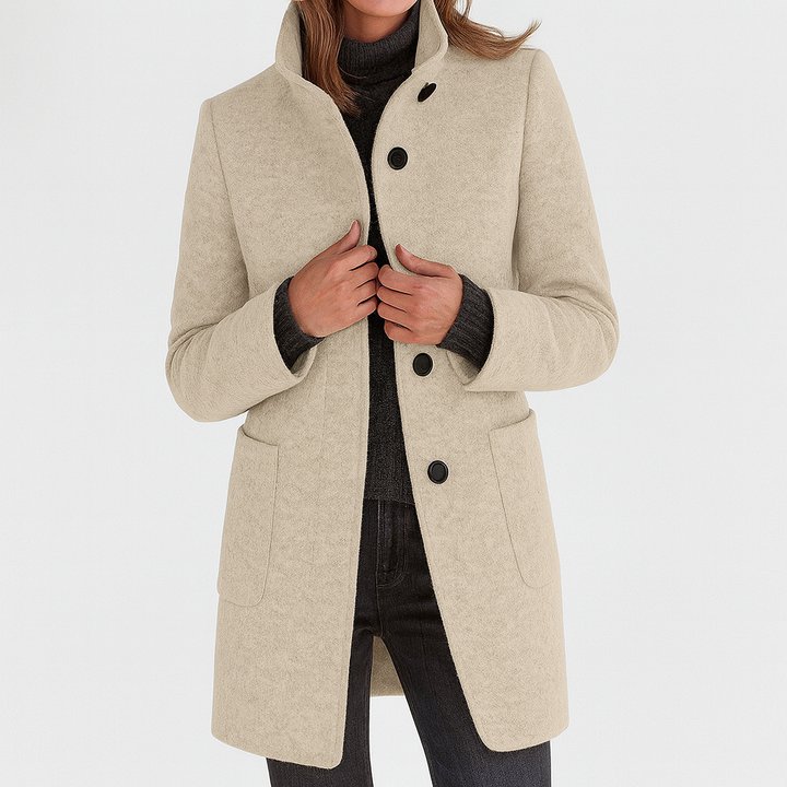 Women's Mid-Length Blend Coat with Stand-Up Collar and Piped Pockets