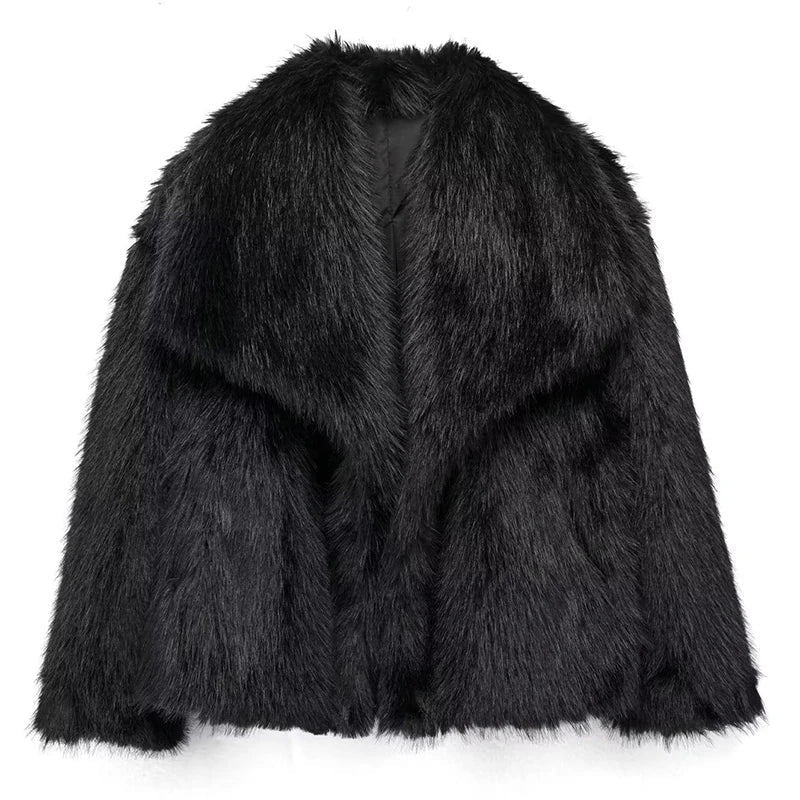 Ladies' Pile Faux Fur Coat with Shawl Collar and Open Front