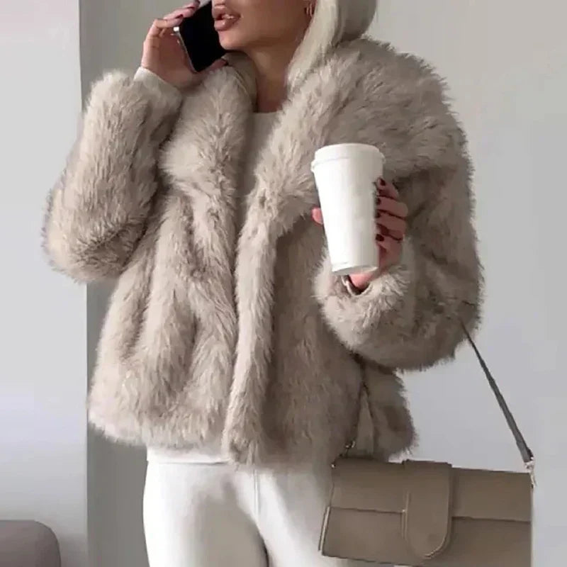 Ladies' Pile Faux Fur Coat with Shawl Collar and Open Front