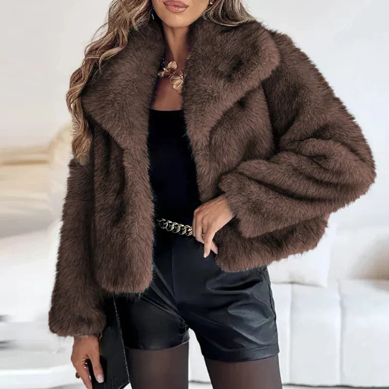 Ladies' Pile Faux Fur Coat with Shawl Collar and Open Front