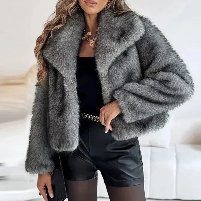 Ladies' Pile Faux Fur Coat with Shawl Collar and Open Front