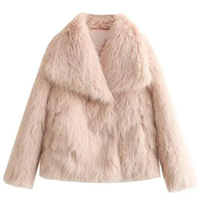 Ladies' Pile Faux Fur Coat with Shawl Collar and Open Front