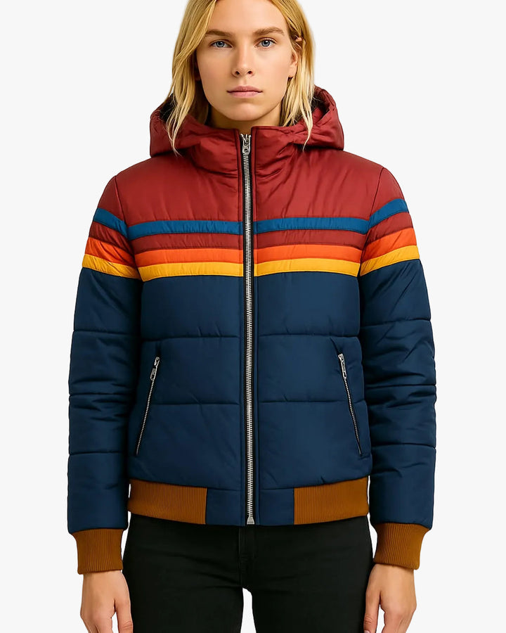 Women's Quilted Puffer Jacket with Hood and Stripes