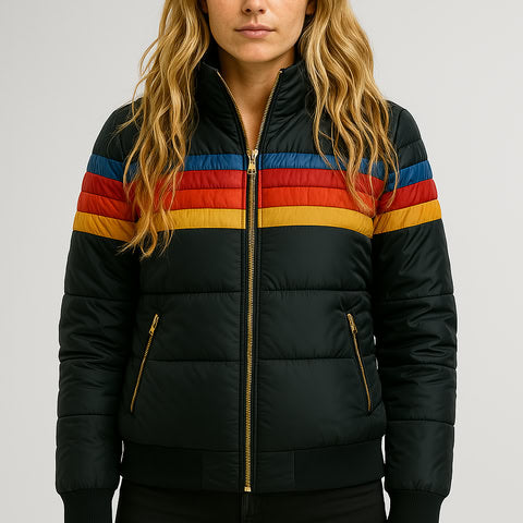 Women's Quilted Puffer Jacket with Hood and Stripes
