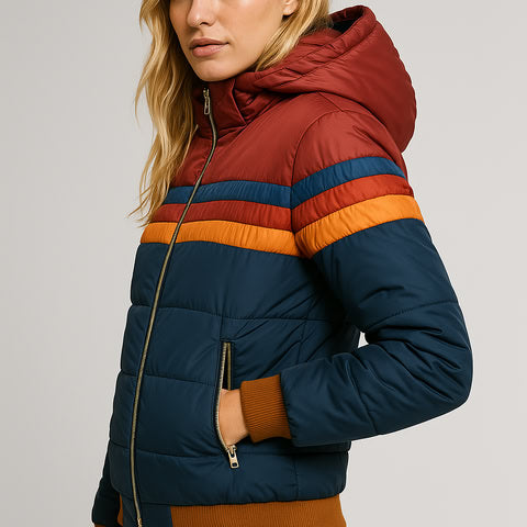 Women's Quilted Puffer Jacket with Hood and Stripes