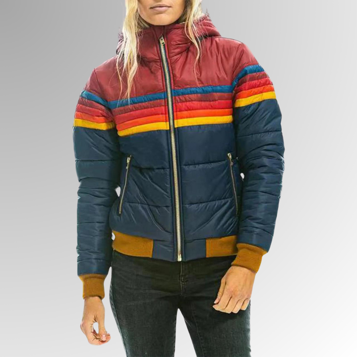 Women's Quilted Puffer Jacket with Hood and Stripes