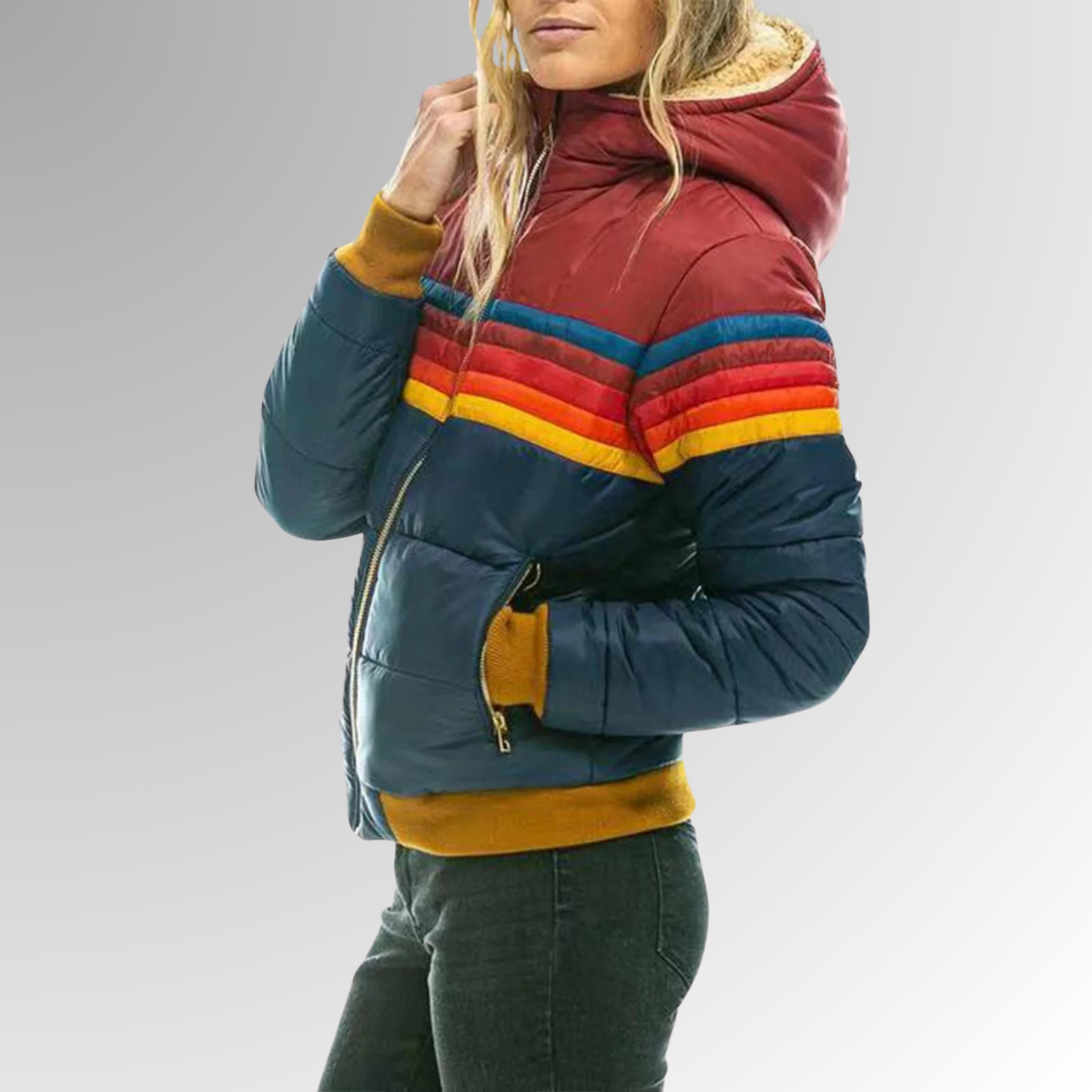 Women's Quilted Puffer Jacket with Hood and Stripes