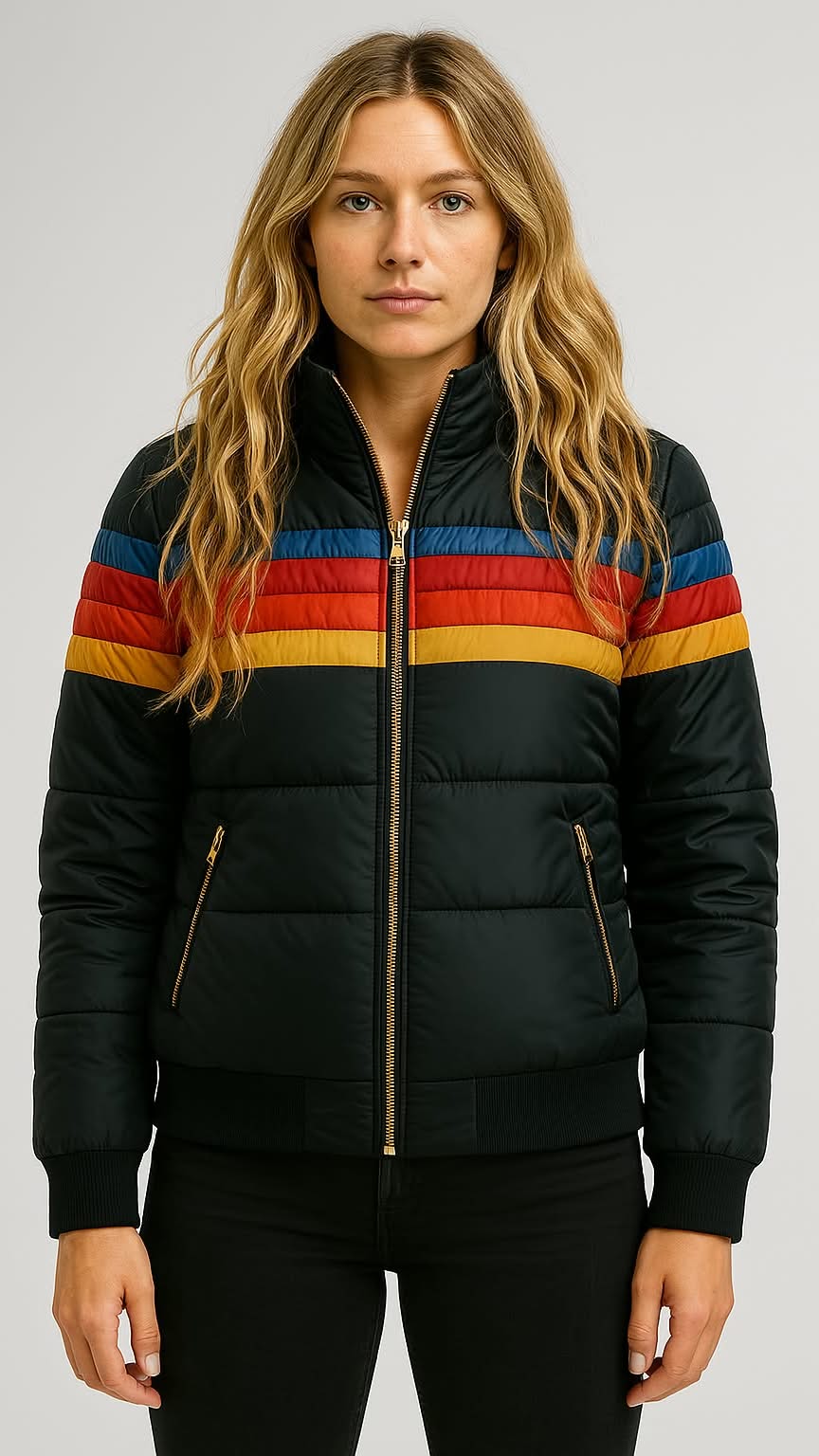 Women's Quilted Puffer Jacket with Hood and Stripes