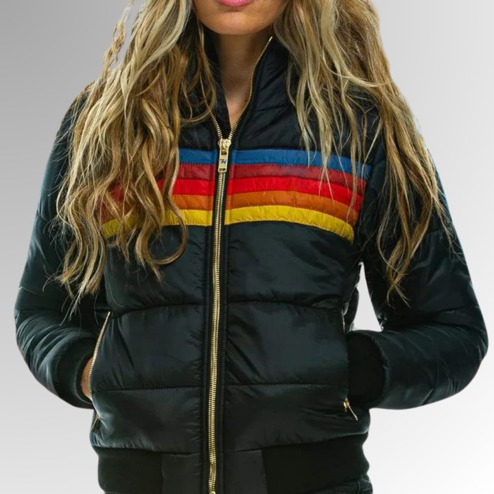 Women's Quilted Puffer Jacket with Hood and Stripes