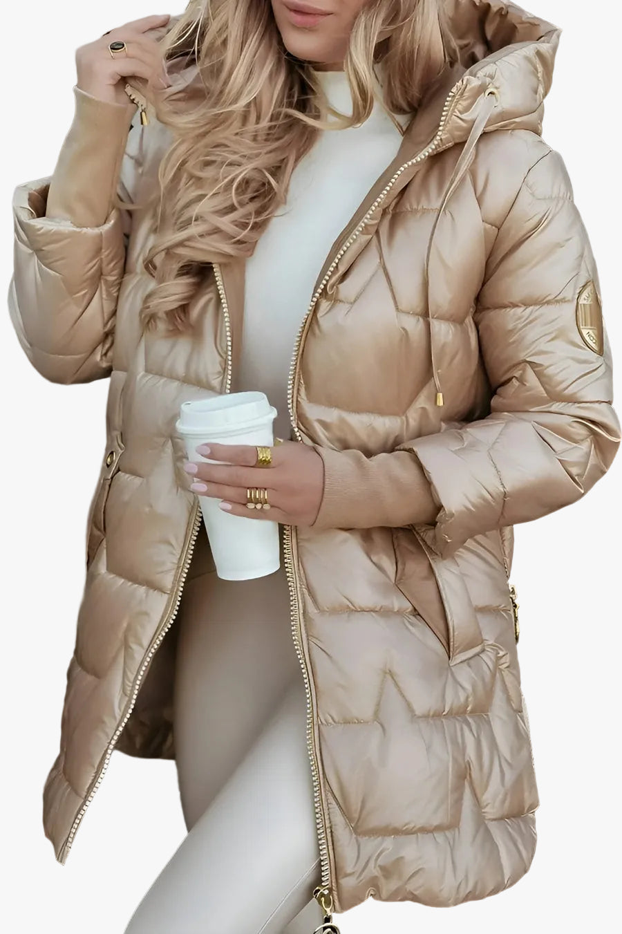 Women's Quilted Shell Puffer Jacket with Hood and Side Buttons